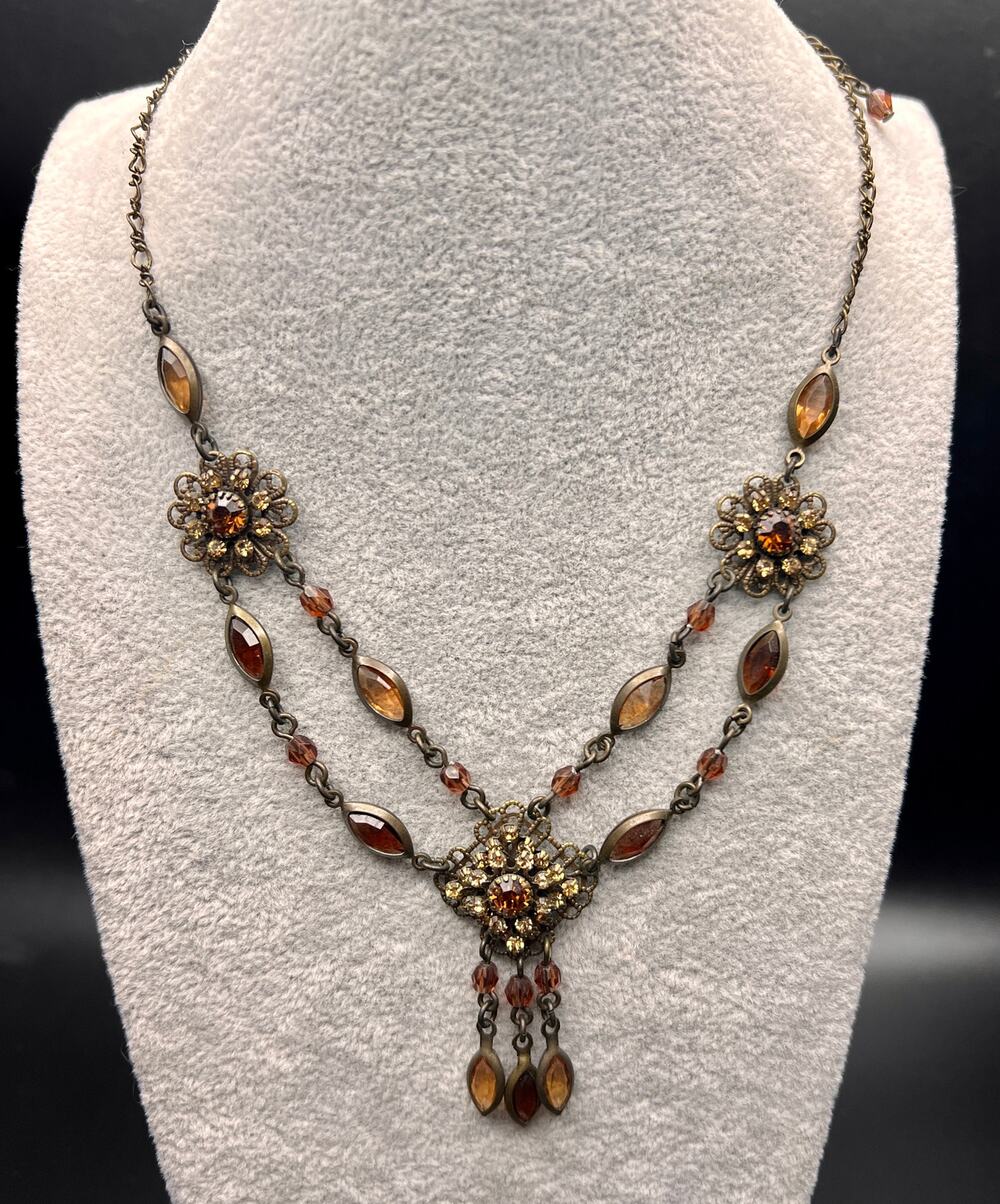 Vintage Avon necklace brown bezel marquise rhinestones Victorian revival